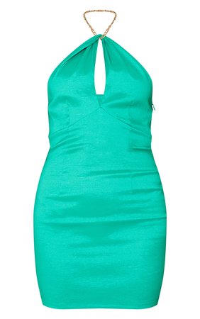 Bright Green Taffeta Bust Detail Chain Halterneck Bodycon Dress - Short Dresses - Dresses - Womens Clothing | PrettyLittleThing USA