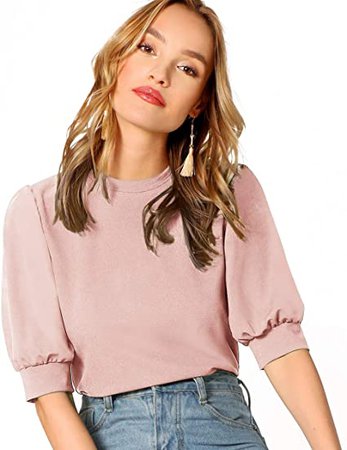 SheIn Women's Puff Sleeve Casual Solid Top Pullover Keyhole Back Blouse at Amazon Women’s Clothing store