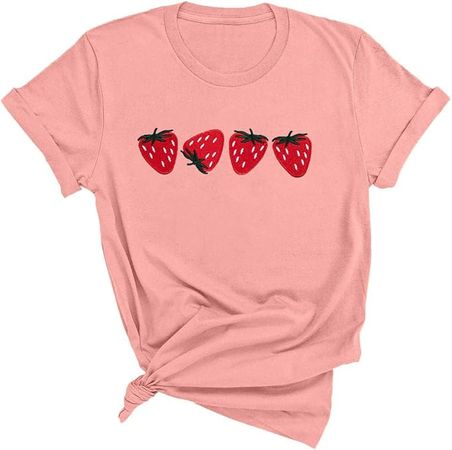 Strawberry Tshirt Women Fruit Print Shirt Strawberries Embroidered Shirts Gardener Gift Top Casual Short Sleeve Tops at Amazon Women’s Clothing store