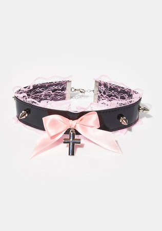 Spike Patent Cross Charm Choker Necklace - Black/Pink – Dolls Kill