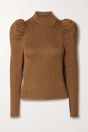 Camel Issa gathered metallic wool-blend turtleneck sweater | Alice + Olivia | NET-A-PORTER