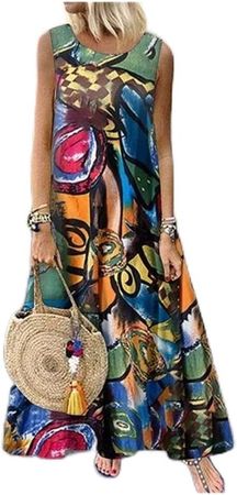 HXSZWJJ Summer Printed Maxi Dress Women's Sundress O Neck Sleeveless Tunic Plus Size Robe 5XL (Color : A Green, Size : 4XL-Large) at Amazon Women’s Clothing store