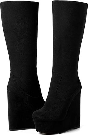 Amazon.com | AMBELIGHT Womens Suede Party Platform Knee High Round Toe Zip Fashion Wedge High Heel Mid Calf Boots 6 Inch | Mid-Calf