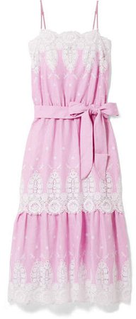 Esme Belted Crochet-trimmed Linen Midi Dress - Pink