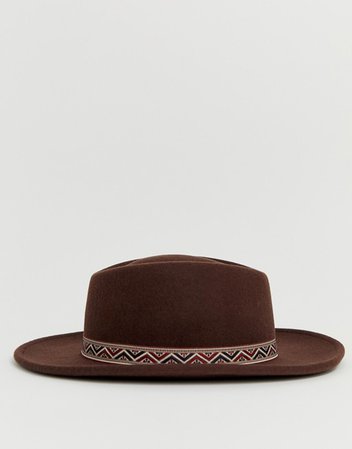 ASOS DESIGN wide brim pork pie hat in brown with aztec band | ASOS