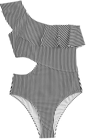SweatyRocks Women's Striped One Piece Bathing Suit Cut Out One Shoulder Ruffle Monokini Swimsuit at Amazon Women’s Clothing store