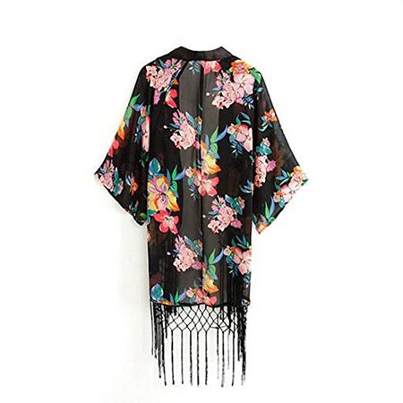 Losorn Women's Retro Ethnic Floral Tassels Loose Kimono Cardigan Coat (Asian L) at Amazon Women’s Clothing store: