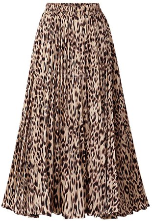 CHARTOU Womens Chic Elastic High Waisted A Line Leopard Print Pleated Shirring Midi-Long Skirt at Amazon Women’s Clothing store