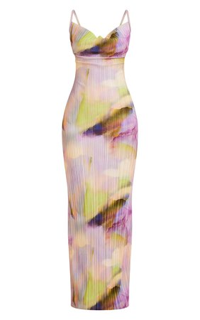 Multi Watercolour Plisse Strappy Maxi Dress | PrettyLittleThing USA