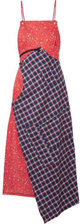 Asymmetric Paneled Cotton-poplin And Flannel Midi Dress - Red