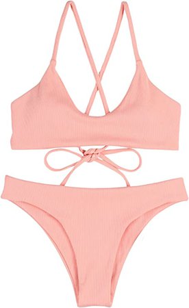 Amazon.com: SweatyRocks Women's Bathing Suits Spaghetti Strap Criss Cross Back Bikini Ribbed Swimsuit : Clothing, Shoes & Jewelry