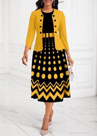 Yellow Two Piece Ombre Belted Round Neck Dress | modlily.com - USD 45.98