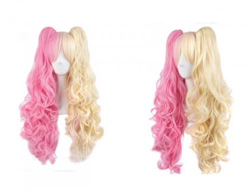 Pink X Beige Long Curls Lolita Wig with 2 Ponytails