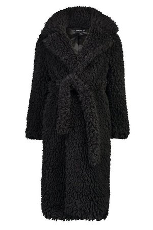 Curly Faux Fur Belted Longline Coat | Boohoo black
