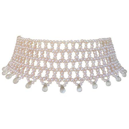Wide Woven Pearl Choker with Green Amethyst Briolettes and Sliding Clasp