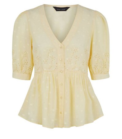 Pale Yellow Broderie Puff Sleeve Peplum Blouse | New Look