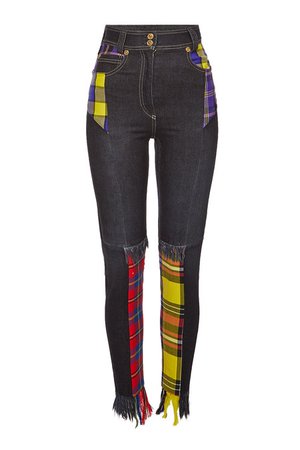 Versace - Distressed Jeans Plaid Patchwork - multicolored