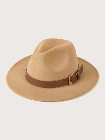 tan hat with brown buckle