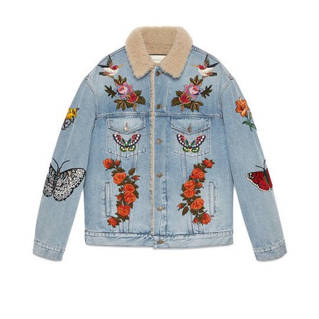 Embroidered denim jacket with shearling - Gucci Men's Denim 408623XR2404417