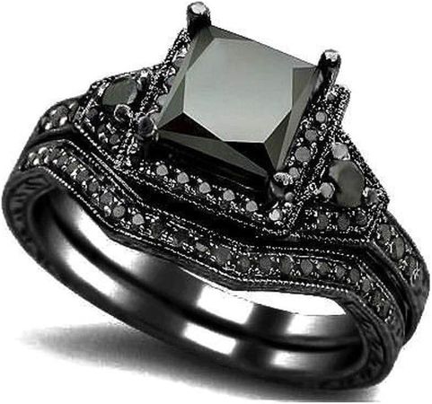 Amazon.com: Black Onyx Princess Cut Anniversary Wedding Bridal Ring Set (Black, 7) : Clothing, Shoes & Jewelry