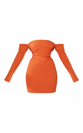 Rust Acetate Slinky Asymmetric Neck Long Sleeve Bodycon Dress | PrettyLittleThing USA