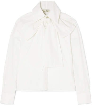 Pussy-bow Embroidered Cotton-poplin Blouse - White