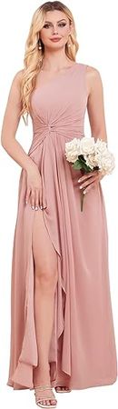 Amazon.com: DEUELANK Long One Shoulder Bridesmaid Dresses for Women A Line Pleated Chiffon Ruffles Formal Evening Dresses with Slit : Clothing, Shoes & Jewelry