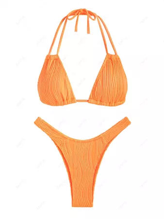 ZAFUL Women's Solid Color Textured Halter Triangle High Leg Cheeky Two Piece Bikini Swimwear In ORANGE | ZAFUL 2024