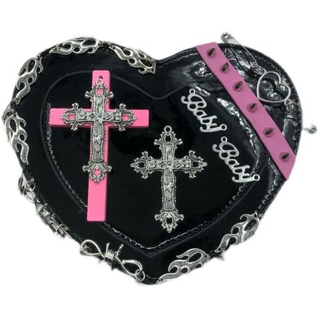 Y2K Gothic Punk Goth Girl Sexy Black Hot Pink Heart Shaped Cross Chains Decorated Messenger Bag · sugarplum · Online Store Powered by Storenvy