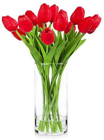 Amazon.com: Enova Home Artificial Real Touch Tulips Flower Arrangement in Clear Glass Vase with Faux Water for Home Wedding Decoration (Red): Furniture & Decor