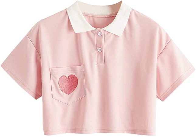 SweatyRocks Women's Collar Half Button Short Sleeve Striped Crop Top T-Shirts Pink Heart M at Amazon Women’s Clothing store
