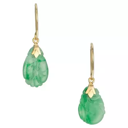 GIA Certified Carved Jadeite Jade Yellow Gold Dangle Earrings For Sale at 1stDibs
