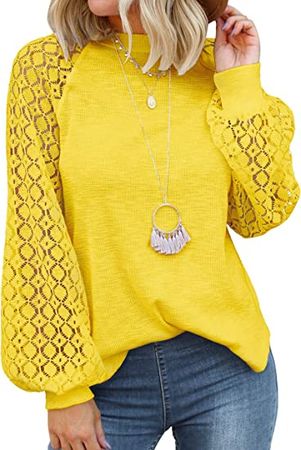 MIHOLL Women’s Long Sleeve Tops Lace Casual Loose Blouses T Shirts at Amazon Women’s Clothing store