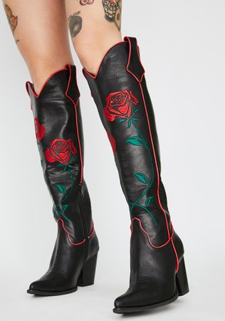 Current Mood Rose Cowboy Boots - Black | Dolls Kill