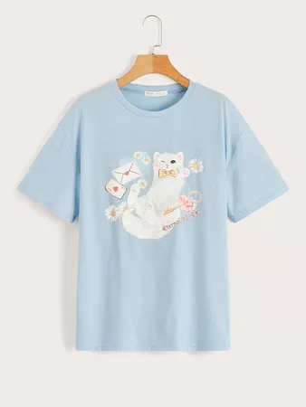 Cat Floral & Letter Graphic Tee | ROMWE USA