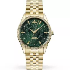 women’s gold watch with green face