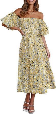 Suwayoo Women's 2023 Summer Casual Midi Dress Floral Print Puff Sleeve Square Neck A-line Midi Beach Dress at Amazon Women’s Clothing store