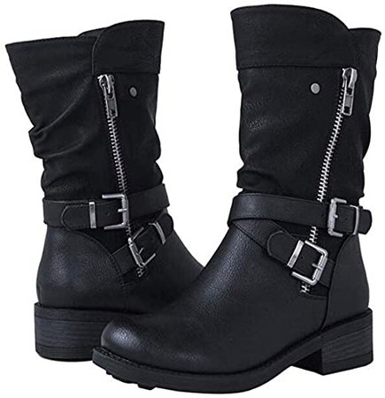 Amazon.com | Motorcycle Low Heel Boot -RQWEIN Women's Strappy Mid Calf Riding Combat Boots with Buckle Straps Ankle Booties Side Zipper （Black, 5.5 | Ankle & Bootie