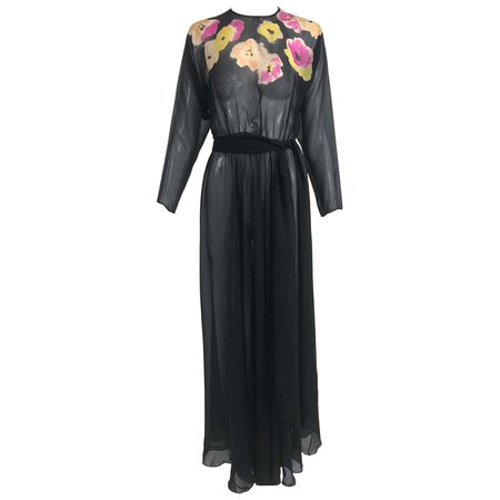 Vintage 1930s Floral Print Bias Cut Black Chiffon Maxi Dress For Sale at 1stDibs | floral chiffon maxi dress, chiffon maxi dress with sleeves