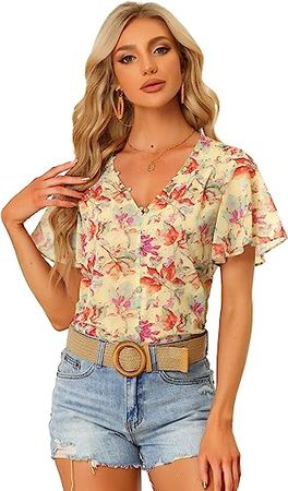 Allegra K Women's Casual Boho Floral Ruffle Sleeve Button Front Chiffon Blouse Top at Amazon Women’s Clothing store