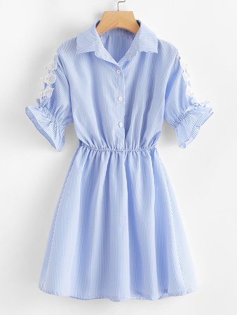 Lace Trim Fluted Sleeve Striped Dress
