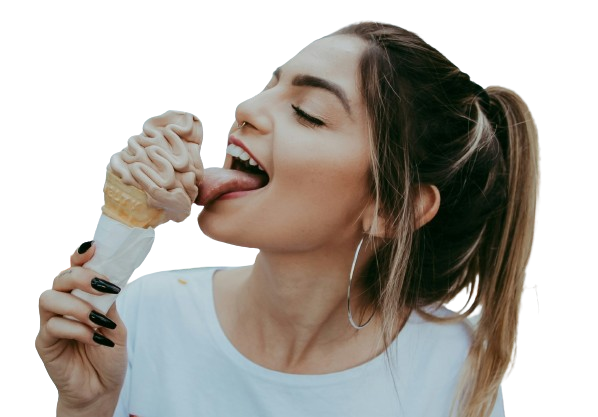 edit by 8es.xyz: woman in white and red crew neck shirt eating ice cream tongue lick toronto, canada, on, and portrait in Toronto, Canada by Josh Pereira (@joshpereiraphotography)