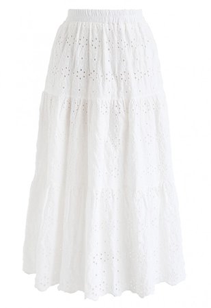 Eyelet Embroidered Midi Skirt in White - NEW ARRIVALS - Retro, Indie and Unique Fashion