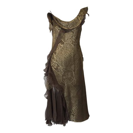 Vintage CHRISTIAN DIOR Gold Metallic Silk Brocade Ruffle Cocktail Dress For Sale at 1stDibs