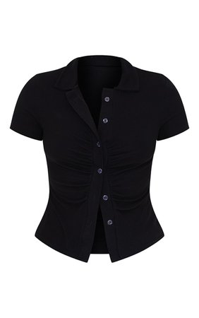 Black Soft Rib Ruched Short Sleeve Shirt | PrettyLittleThing USA