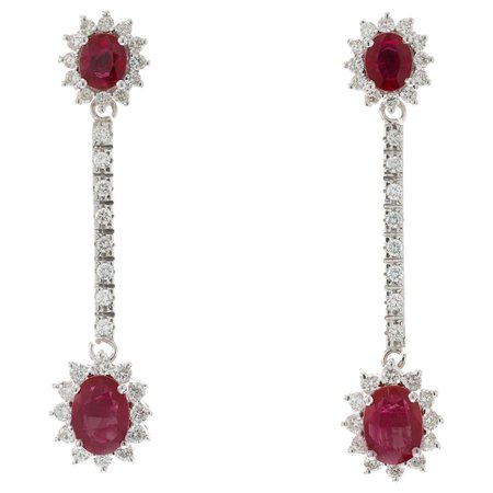 3.20 Carat Oval Ruby Diamond White Gold Dangle Drop Earrings For Sale at 1stDibs