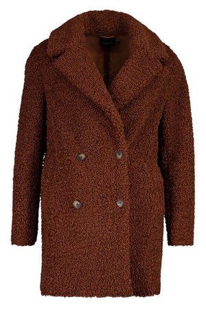 Double Breasted Bonded Faux Fur Teddy Coat | Boohoo brown
