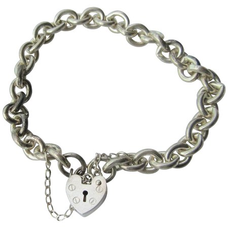 Sterling Silver Link Bracelet with Heart Padlock : Gemstone Fine Jewels | Ruby Lane