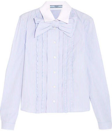 Bow-embellished Ruffled Striped Cotton Shirt - Sky blue