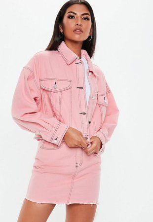 Pink Denim Cropped Contrast Stitch Co Ord Jacket | Missguided